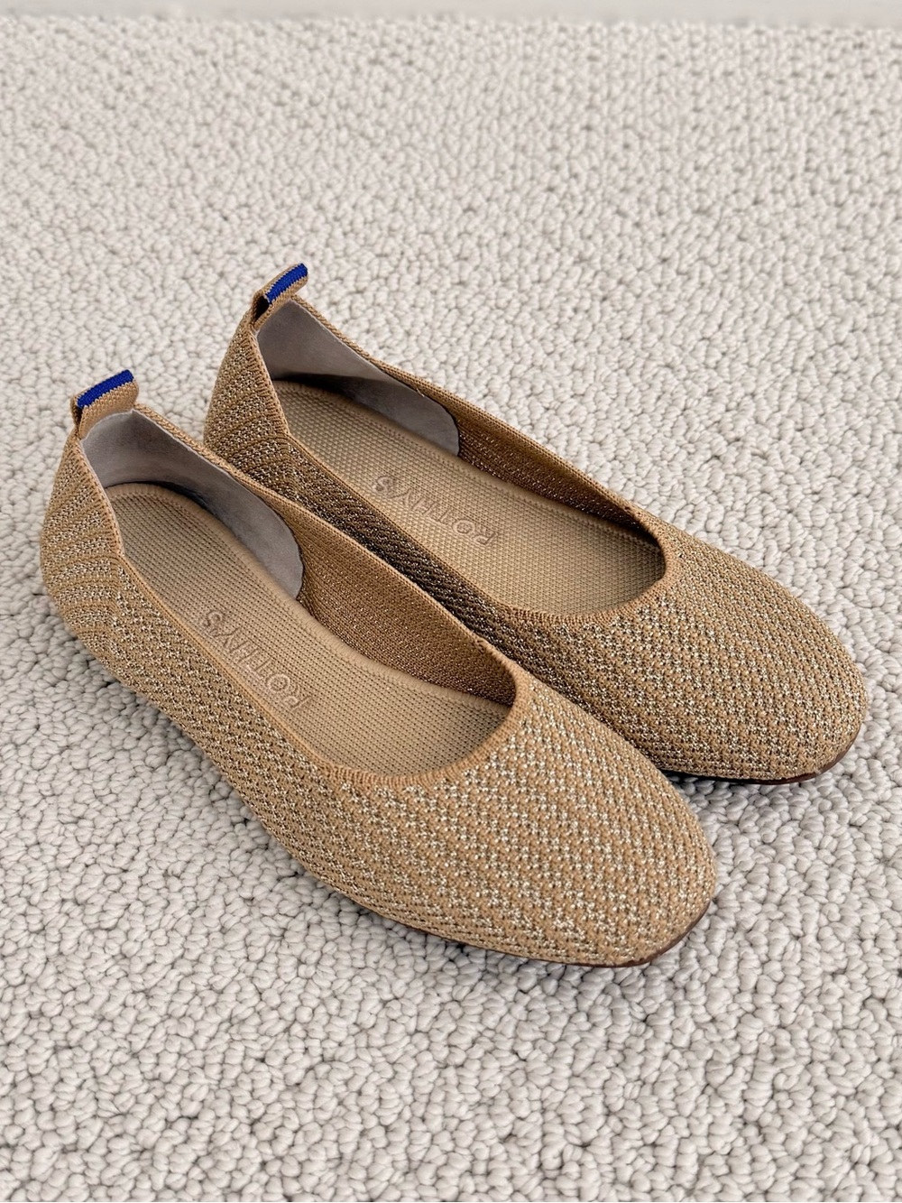 Rothy’s Tan & Metallic Gold Ballet Flats
